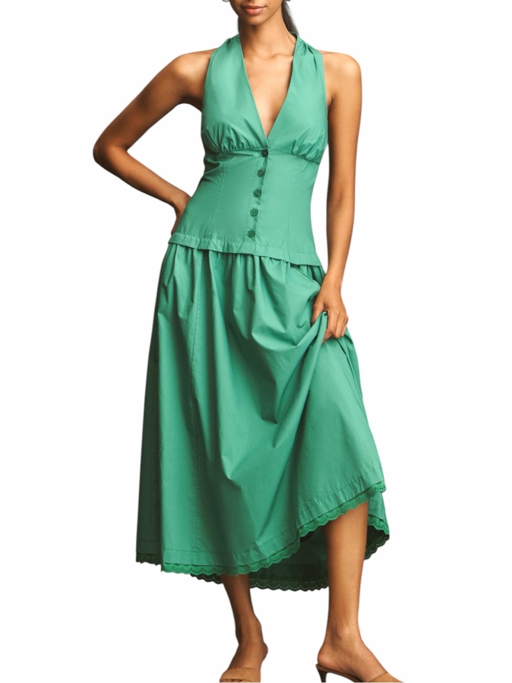 NEW ANTHROPOLOGIE Maeve Halter V-Neck Drop-Waist Midi Dress Size XL